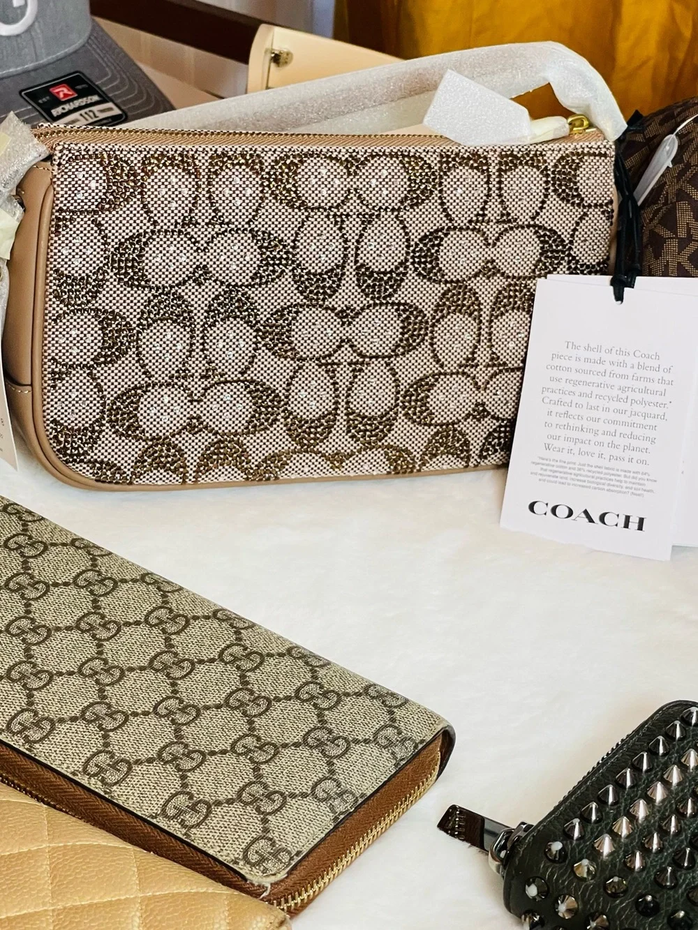 Coach Crystal Authentic Pochette Signature Jacquard Zip Pouch in Beige